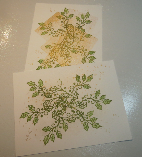 Background stamped with Gold encore Ink, then holly leaves added