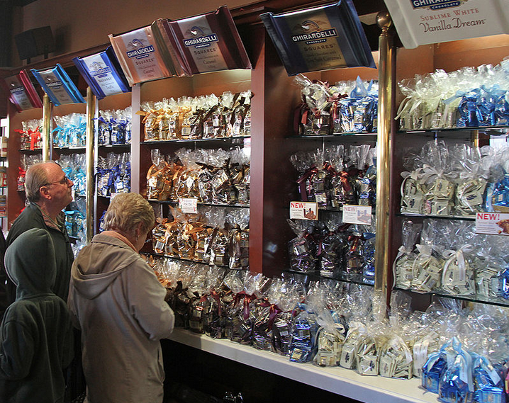 Gift shop wall at the Ghirardelli Chocolate Factory on Fisherman's Wharf in San Francisco CA