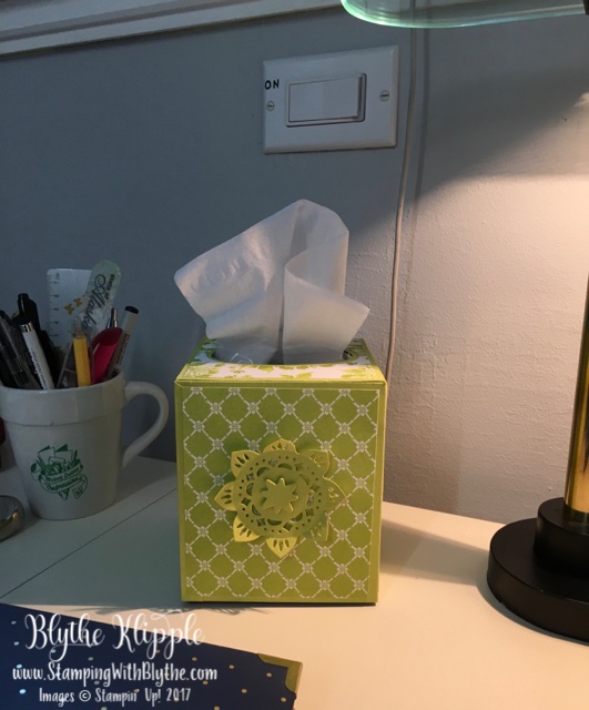Embellishments on my tissue box on my desk